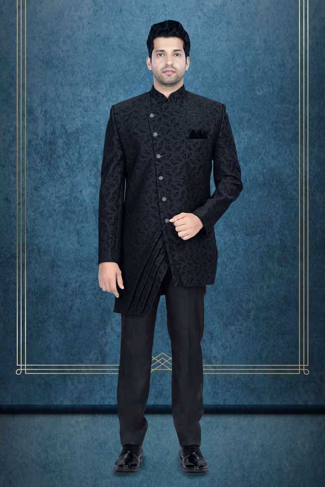 Asymmetrical Cut Jacquard In Black Indowestern — rent in Calicut
