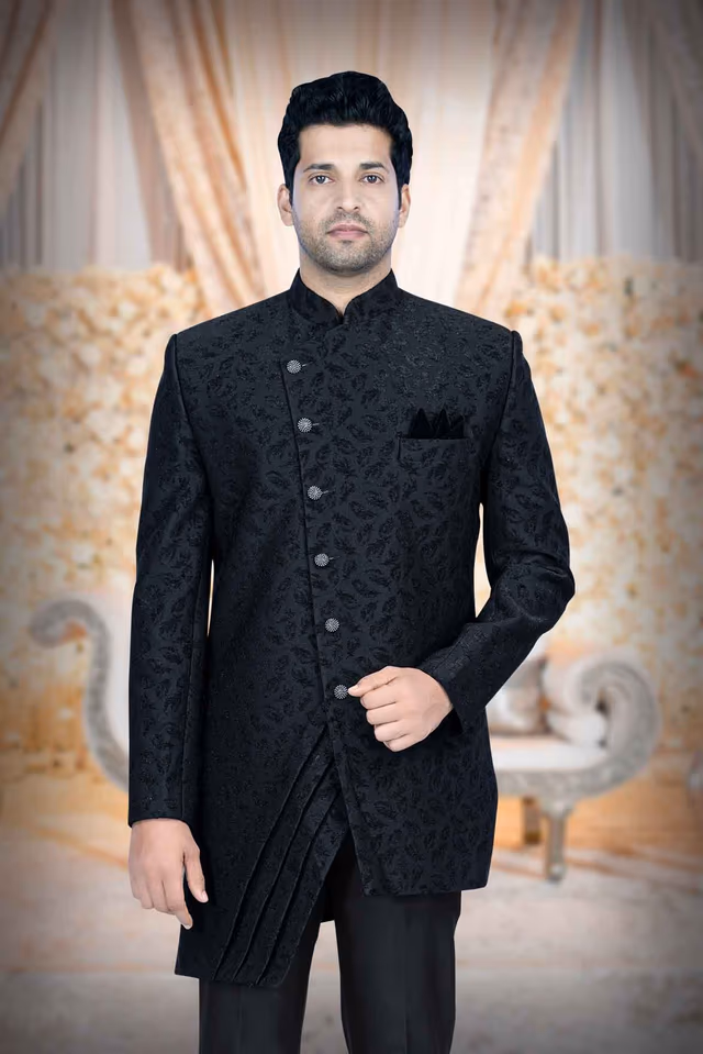 Asymmetrical Cut Jacquard In Black Indowestern — back view, rent in Calicut