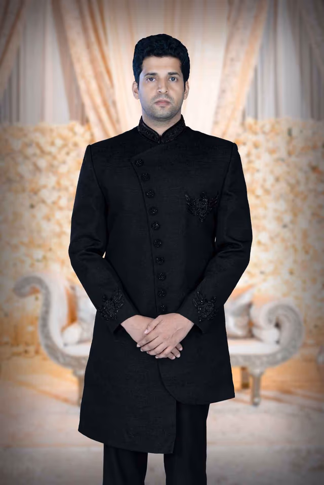 Asymmetrical Cut  Banarasi Dupion Silk In Black Indowestern — back view, rent in Calicut