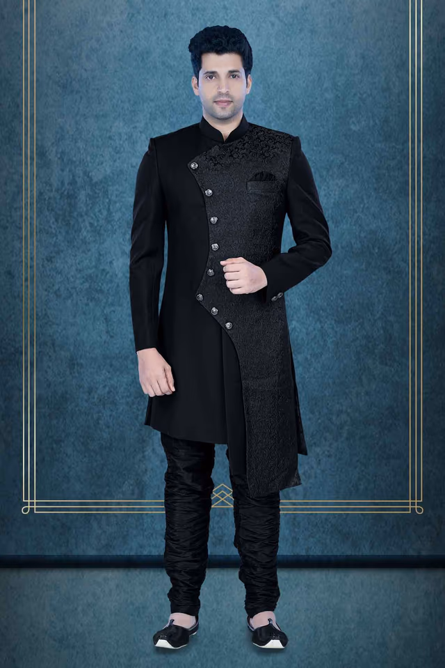 Printed Jacquard Fabric In Black Indowestern — rent in Calicut