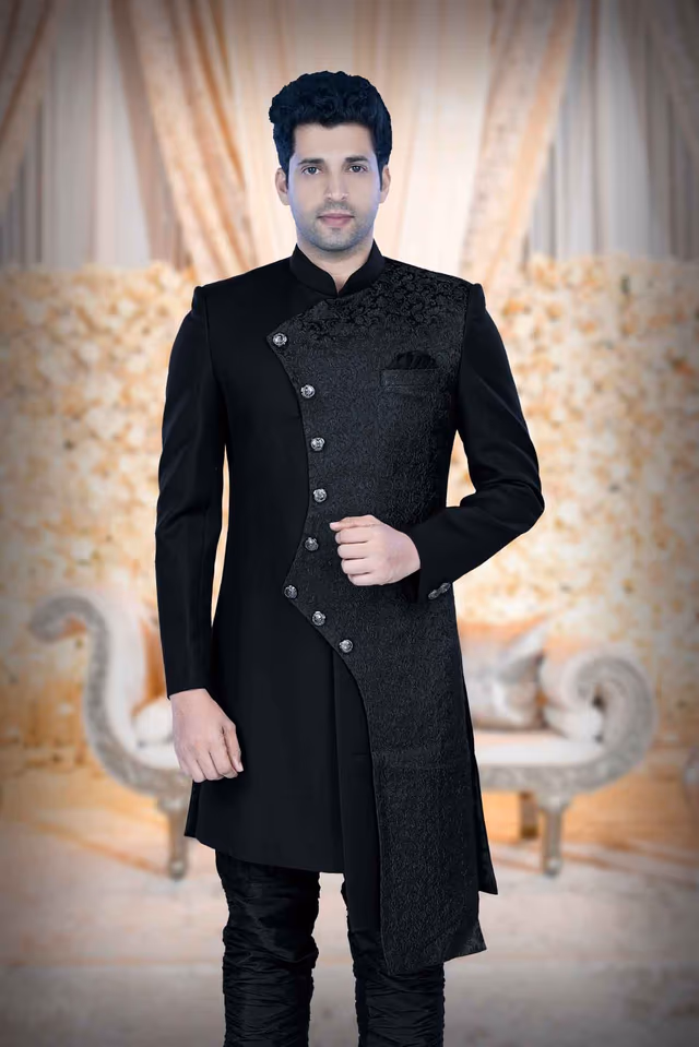 Printed Jacquard Fabric In Black Indowestern — back view, rent in Calicut