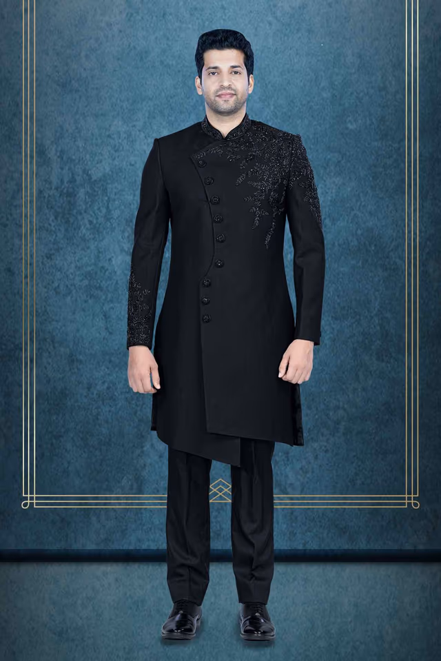 Hand-Stone Suiting Fabric In Black Indowestern — rent in Calicut