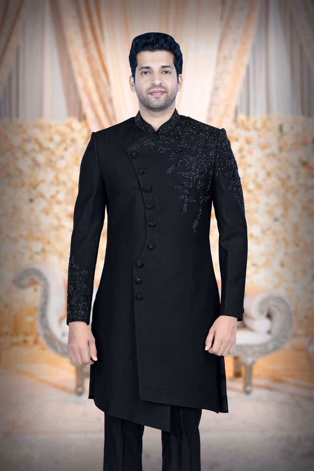 Hand-Stone Suiting Fabric In Black Indowestern — back view, rent in Calicut