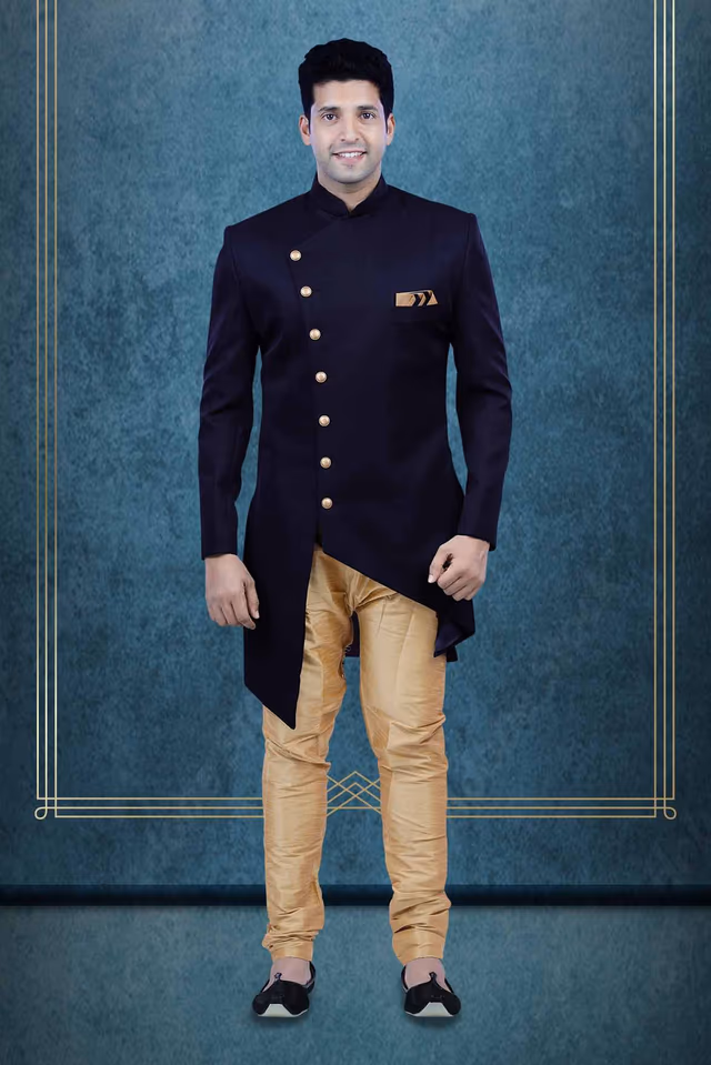 Asymmetrical Cut  Imported Terry Rayon In Blue Indowestern — view 1 of 6