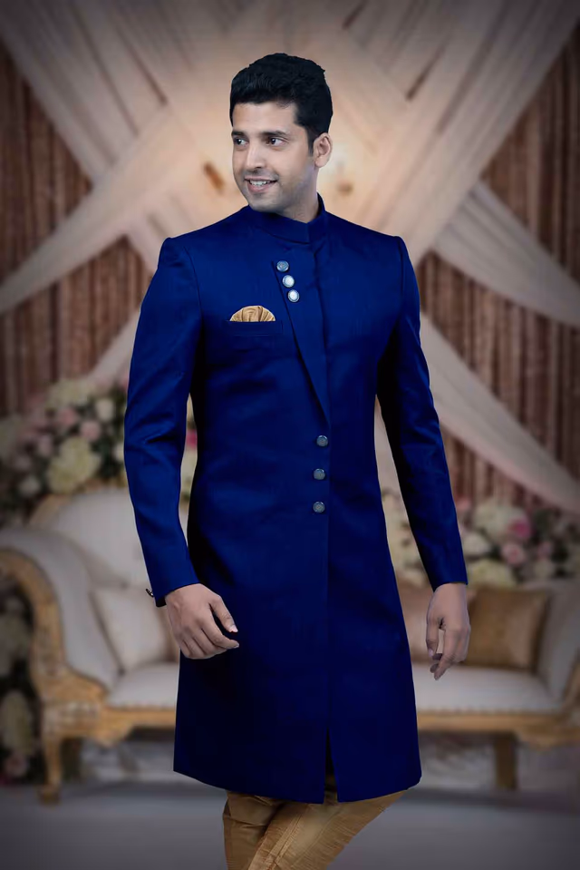 Plain Hem  Imported Terry Rayon In Blue Indowestern — back view, rent in Bangalore