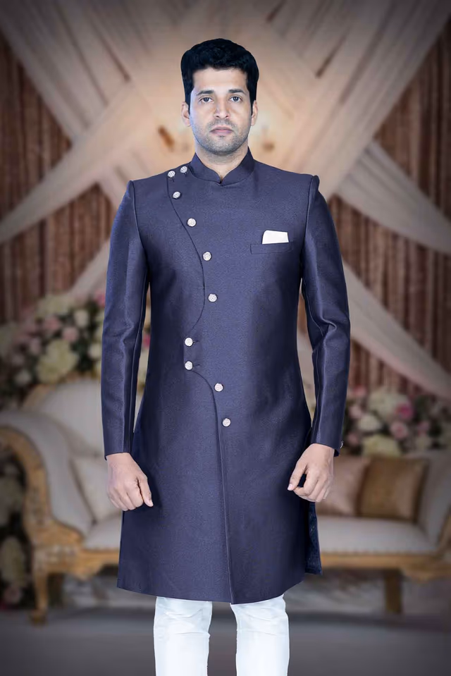 Asymmetrical Cut  Jacquard In Blue Indowestern — back view, rent in Bangalore
