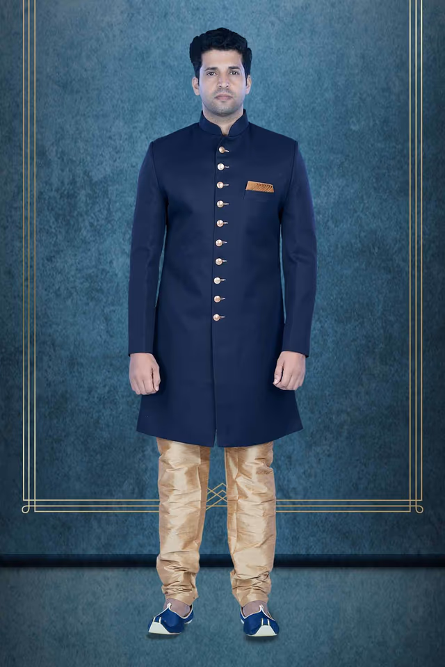 Plain Hem Imported Terry Rayon In Blue Indowestern — rent in Bangalore