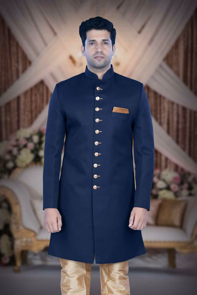 Plain Hem Imported Terry Rayon In Blue Indowestern — back view, rent in Bangalore