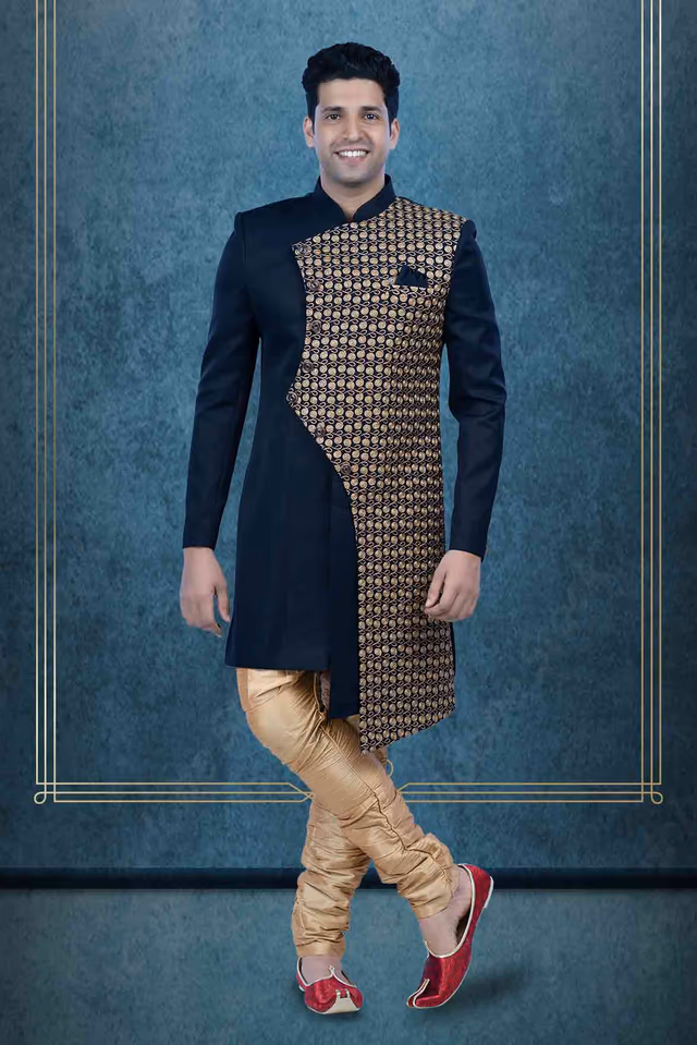 Printed Jacquard Fabric In Blue & Gold Indowestern — rent in Calicut