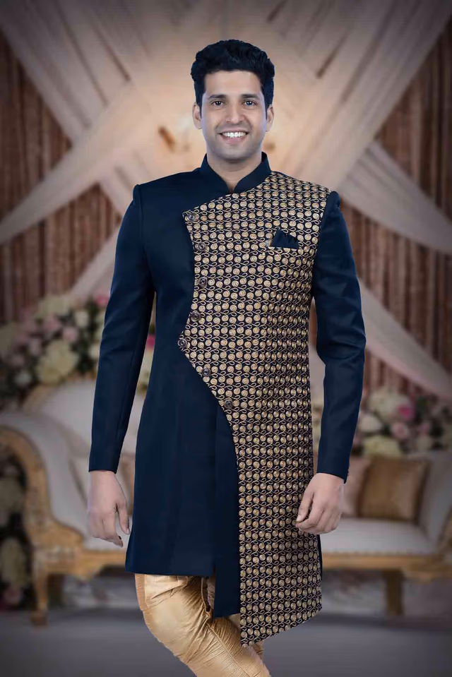 Printed Jacquard Fabric In Blue & Gold Indowestern — back view, rent in Calicut