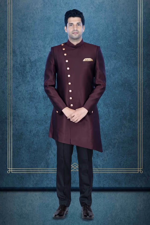 Asymmetrical Cut Imported Terry Rayon In Brown Indowestern — rent in Calicut