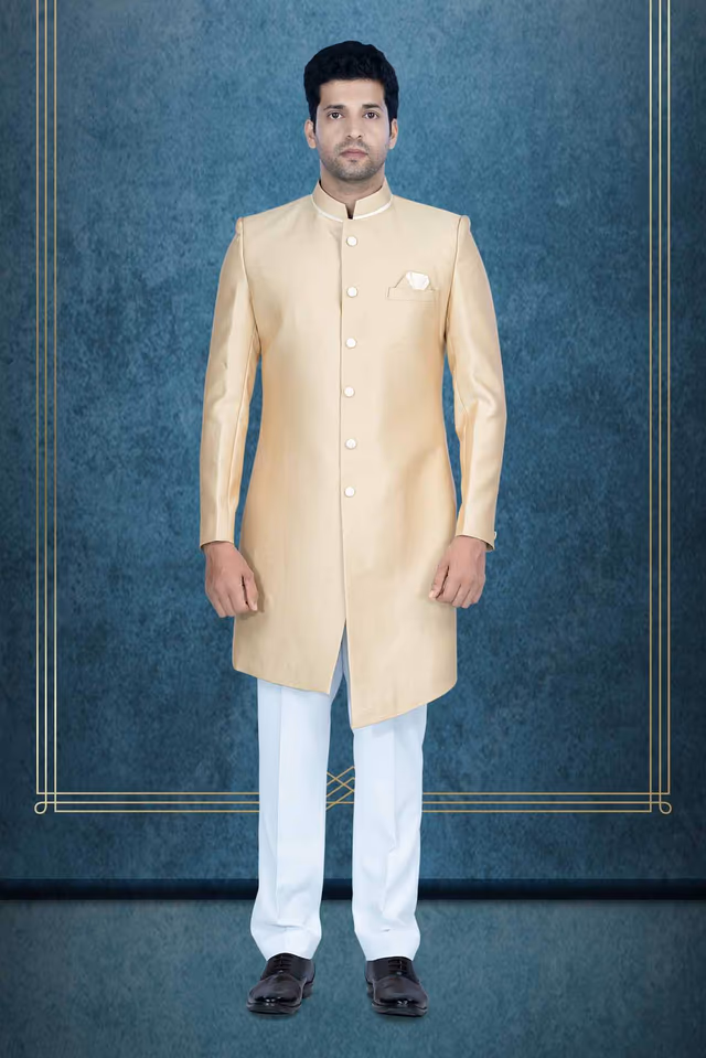 Asymmetrical Cut Imported Terry Rayon In Golden Indowestern — view 1 of 6