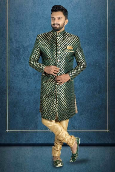 Plain Hem Brocade Green With Gold Print Sherwani — rent in Calicut