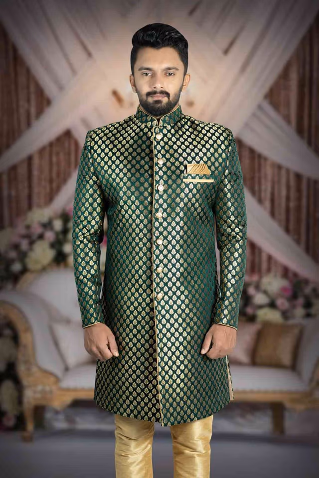 Plain Hem Brocade Green With Gold Print Sherwani — back view, rent in Calicut