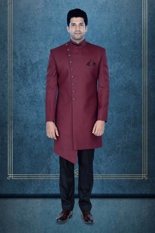 Asymmetrical Cut  Imported Terry Rayon In Maroon Indowestern — view 1 of 6
