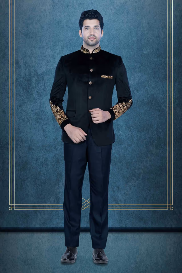 Black Jodhpuri In Zardozi Work Using Blended Fabric — rent in Calicut