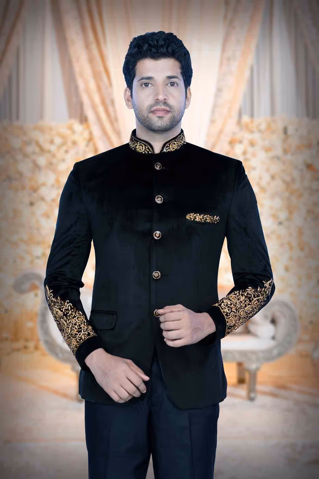 Black Jodhpuri In Zardozi Work Using Blended Fabric — back view, rent in Calicut