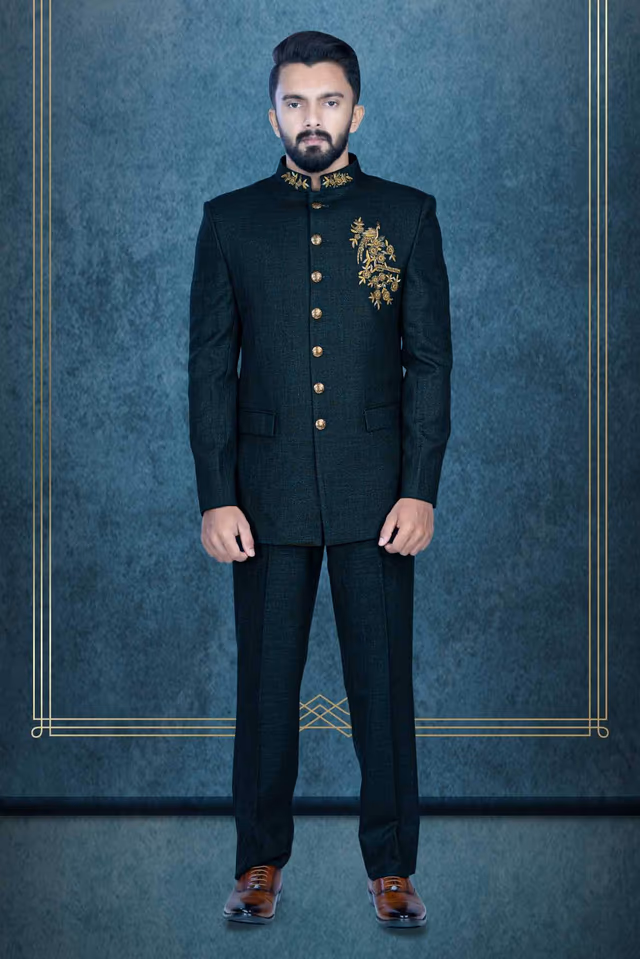 Dark Green Jodhpuri In Dubka Embroidery Using Imported Synthetic Fabric — rent in Bangalore