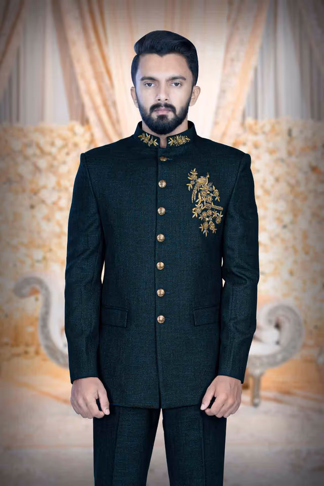 Dark Green Jodhpuri In Dubka Embroidery Using Imported Synthetic Fabric — back view, rent in Bangalore