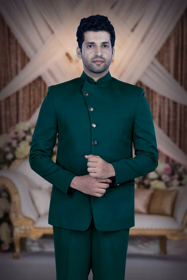 Dark Teal Green Jodhpuri Using Terry Ryon — back view, rent in Calicut