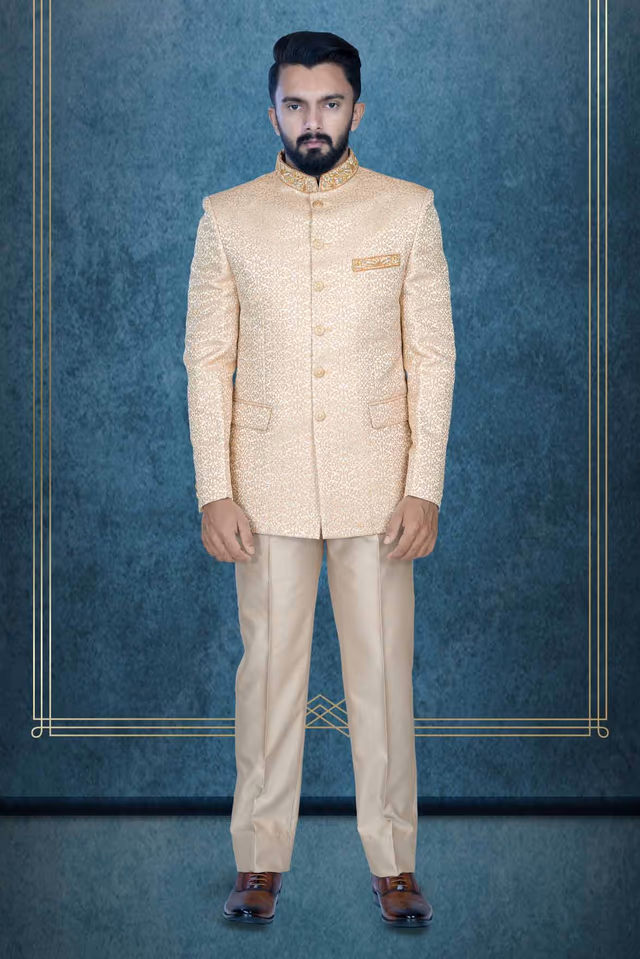 Beige Jodhpuri Suit In Zarkan Work Using Imported Synthetic Fabric — view 1 of 6