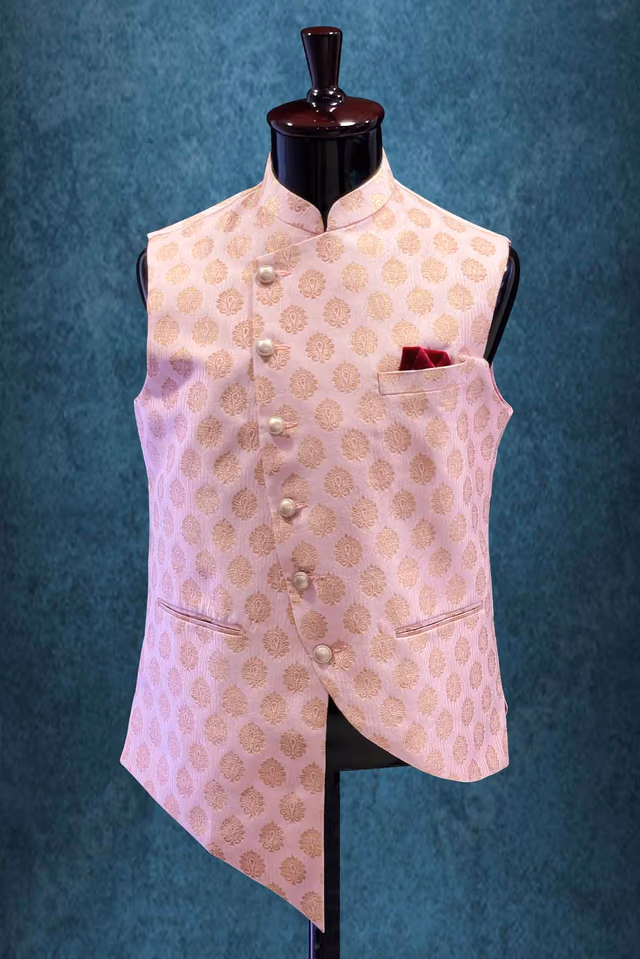Mandarin Collar In Pink & Gold Bundi — rent in Kochi