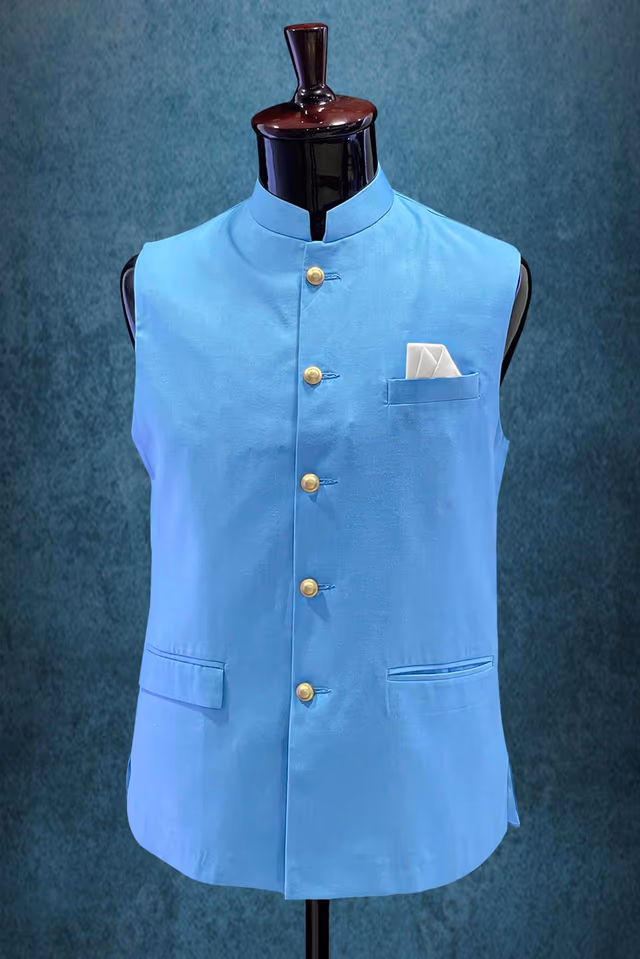 Mandarin Collar In  Greyish Blue Bundi — rent in Kochi