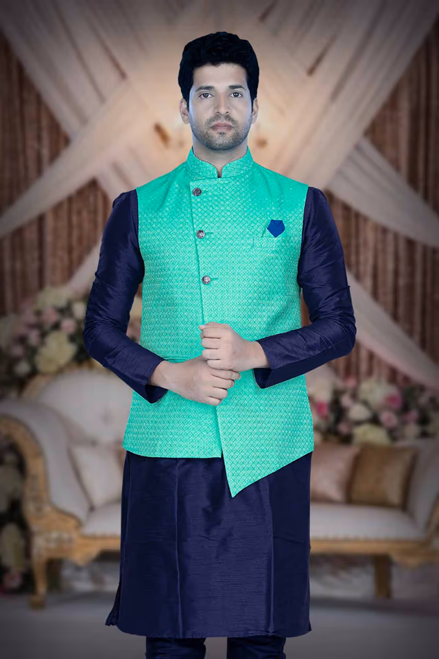 Blue Kurta Pyjama in Blended Fabric — rent in Calicut