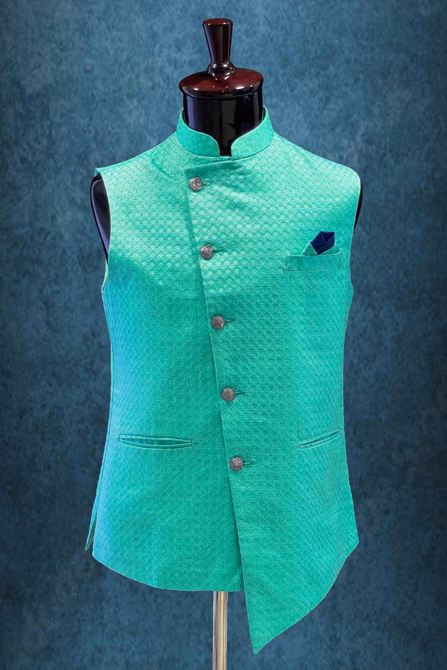 Mandarin Collar In  Green Bundi — rent in Kochi