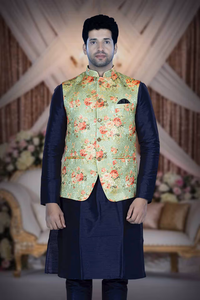 Blue Kurta Pyjama in Blended Fabric — back view, rent in Calicut
