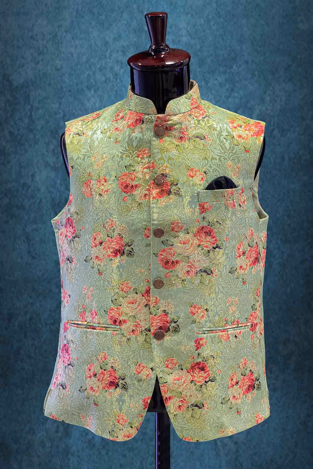 Mandarin Collar In Light Green, Peach & Pink Bundi — rent in Kochi