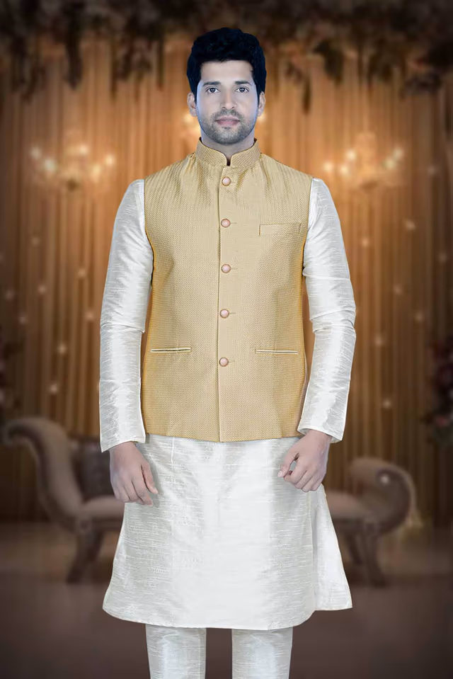 Golden Kurta Pyjama in Blended Fabric — view 1 of 6