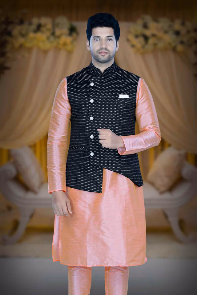 Peach Kurta Pyjama in Blended Fabric — rent in Calicut