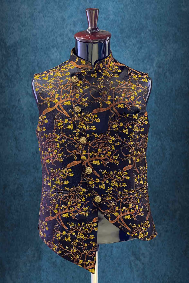 Mandarin Collar In Black, Yellow & Gold Bundi — rent in Kochi