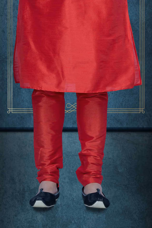 Red Kurta Pyjama in Blended Fabric — back view, rent in Calicut