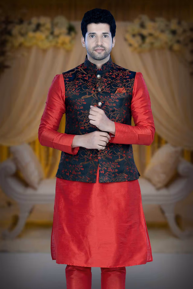 Red Kurta Pyjama in Blended Fabric — rent in Calicut