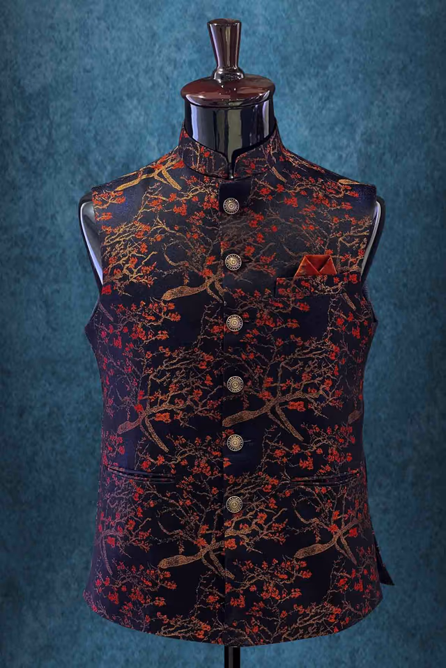 Mandarin Collar In Red & Gold Bundi — rent in Kochi