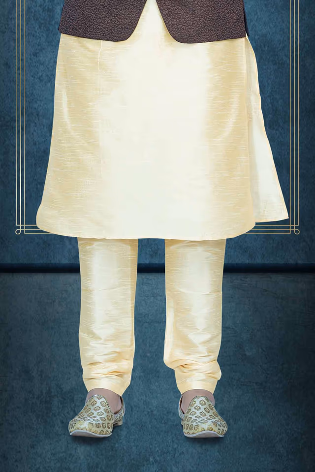 Golden Kurta Pyjama in Blended Fabric — back view, rent in Calicut