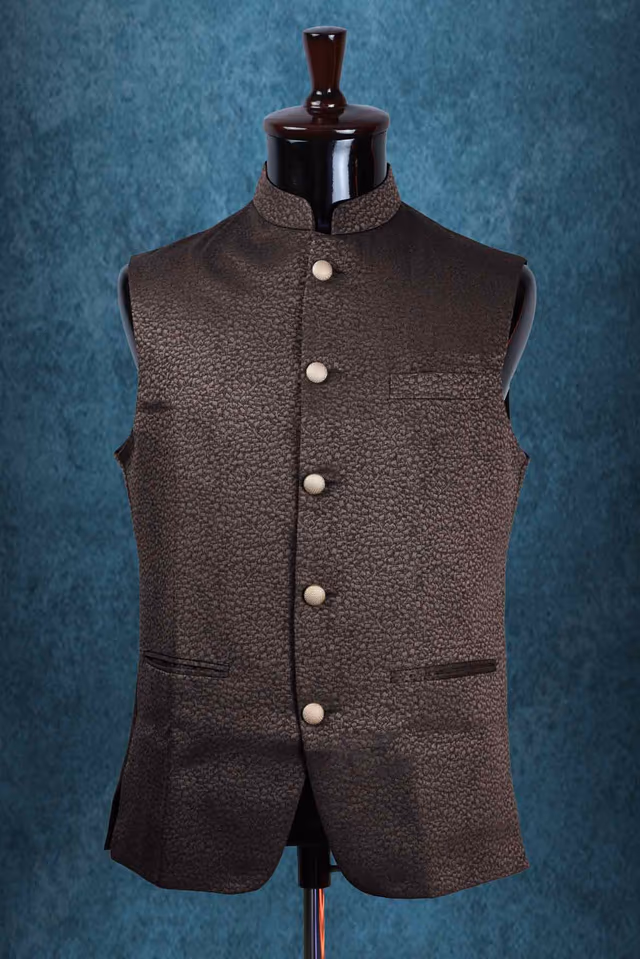 Mandarin Collar In Brown Bundi — rent in Kochi