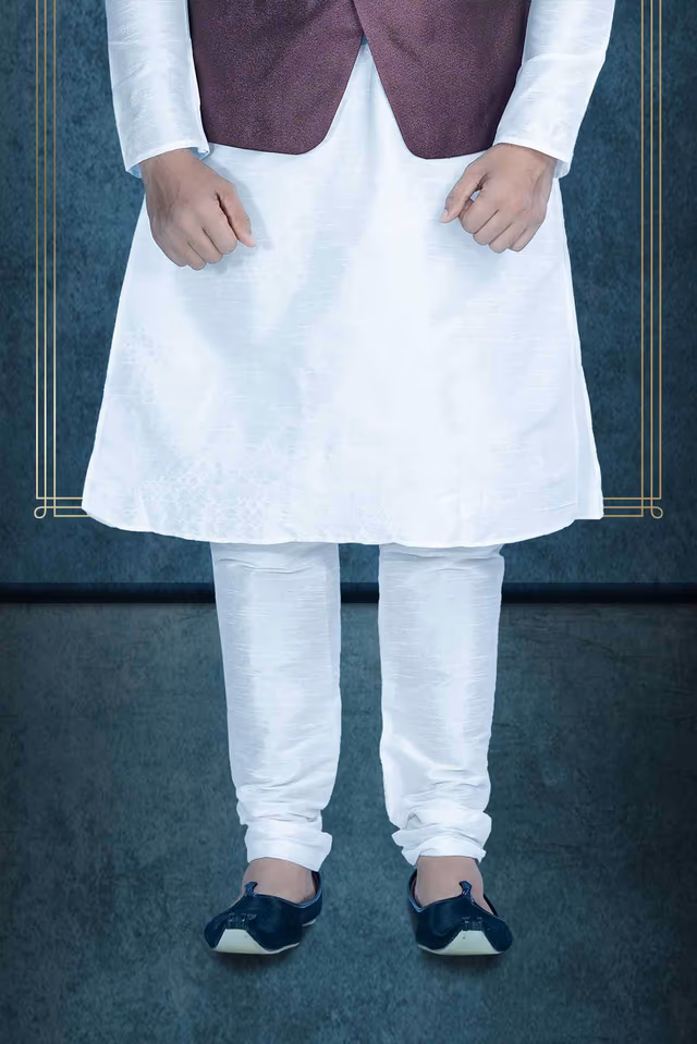 White Kurta Pyjama in Blended Fabric — back view, rent in Calicut