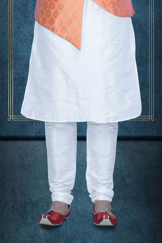 White Kurta Pyjama in Blended Fabric — back view, rent in Calicut