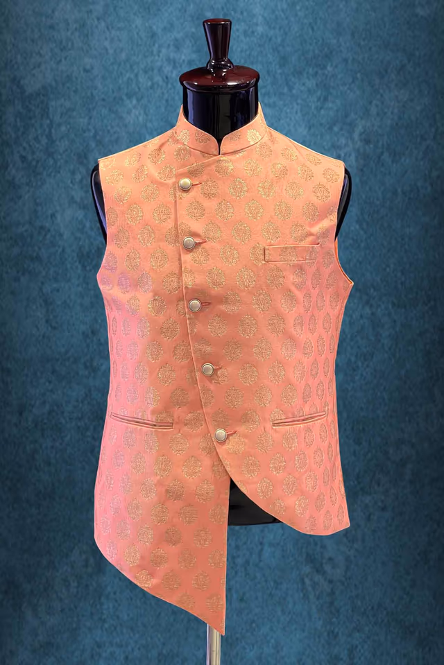 Mandarin Collar In Peach & Gold Bundi — rent in Kochi