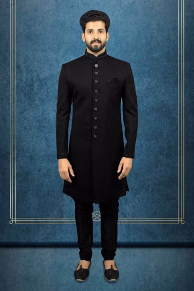 Nawabi Jaquard Black Sherwani — view 1 of 6