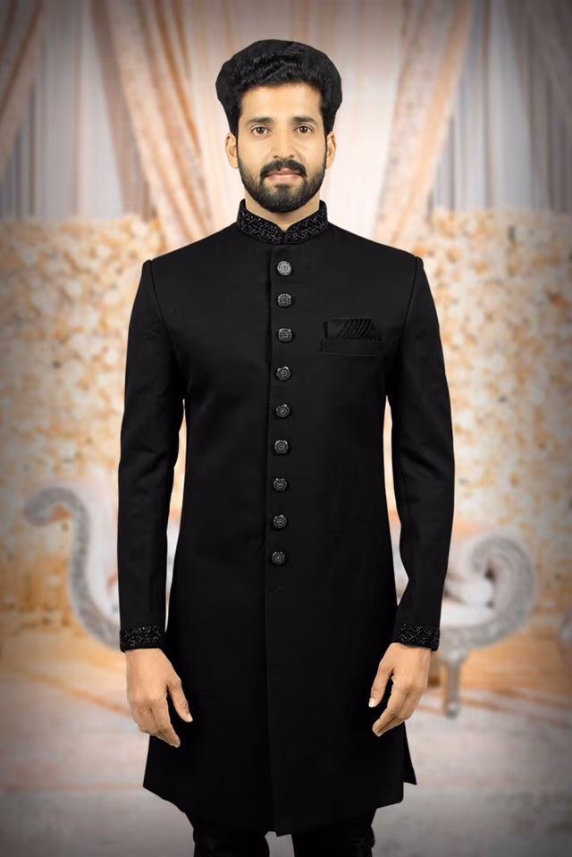 Nawabi Jaquard Black Sherwani — back view, rent in Calicut