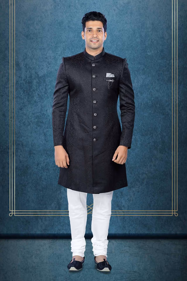 Patterned Imported Synthetic Fabric In Black  Sherwani — view 1 of 6