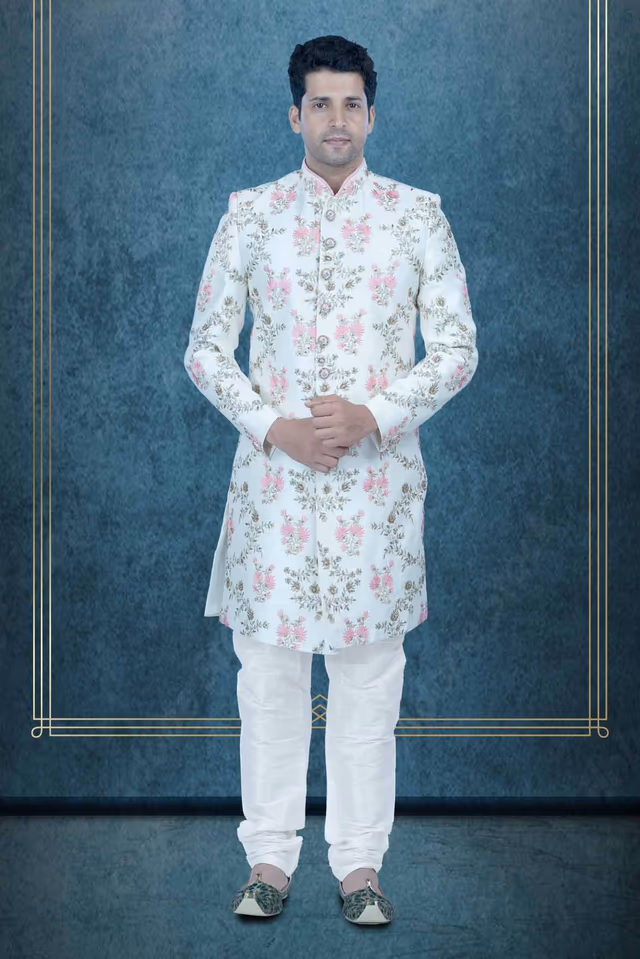 Embroidery Dupion Silk Fabric In Cream-White Sherwani — rent in Calicut