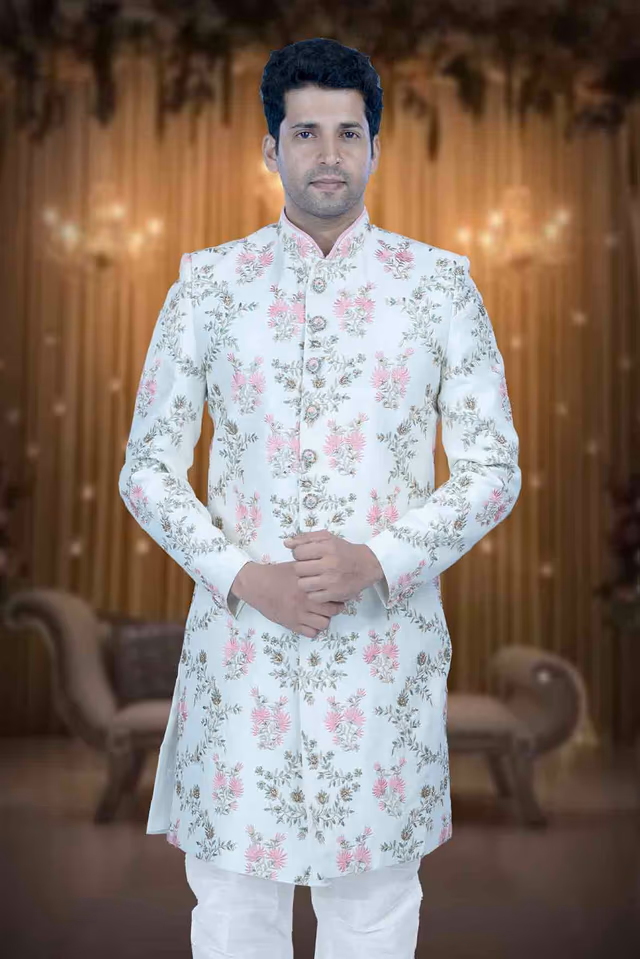 Embroidery Dupion Silk Fabric In Cream-White Sherwani — back view, rent in Calicut