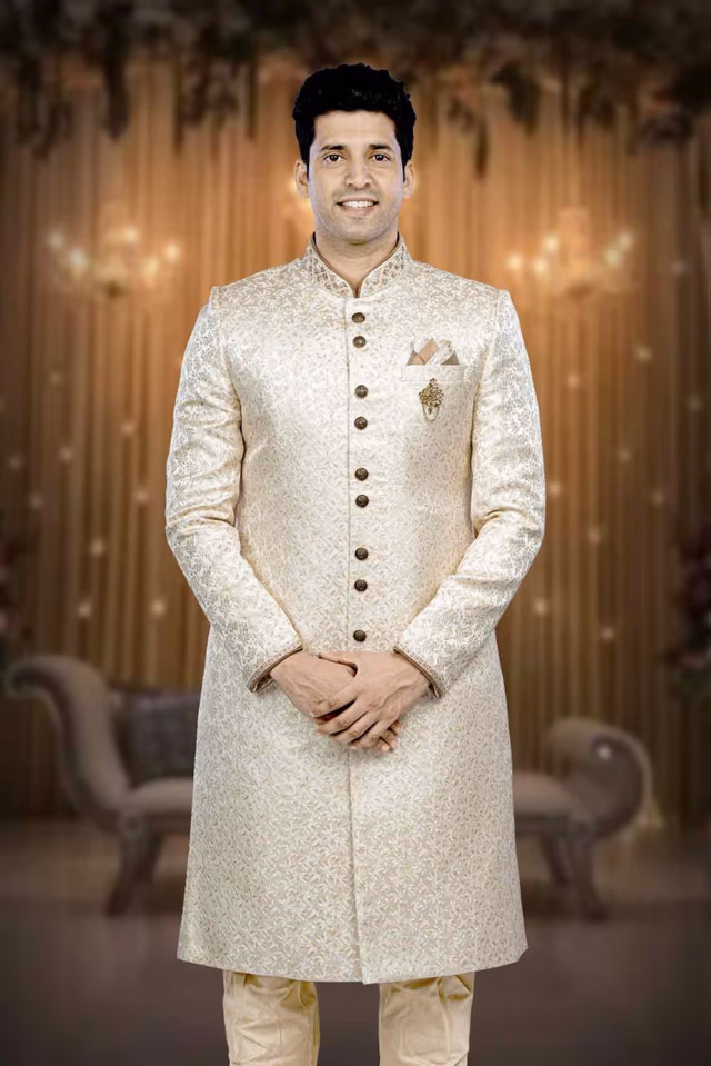 Hand Dubka Embroidered Imported Synthetic Fabric In Light Golden Sherwani — back view, rent in Calicut