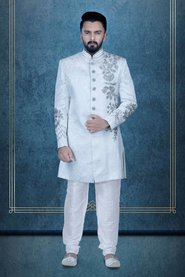 Hand Zarkan Embroidered Jacquard Fabric In Off-white Sherwani — view 1 of 6