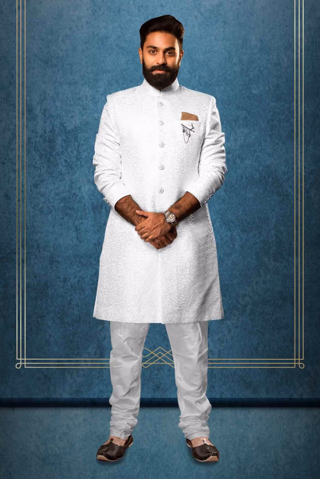 Patterned Imported Synthetic Fabric In White Sherwani — rent in Calicut